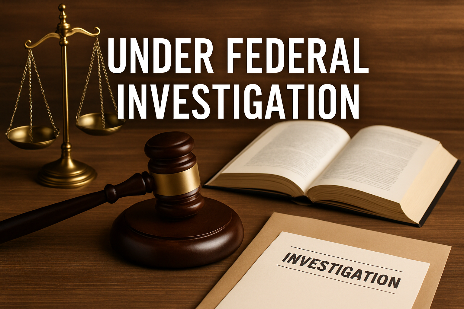 Gavel, scales of justice, open law book, and investigation folder on a wooden desk with the words “Under Federal Investigation” in bold letters.
